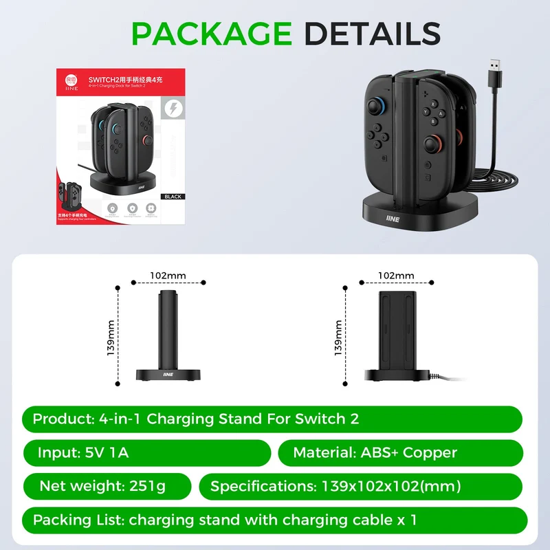 IINE 4-in-1 Classic Charging Dock for Nintendo Switch 2 (Black) (L1103)