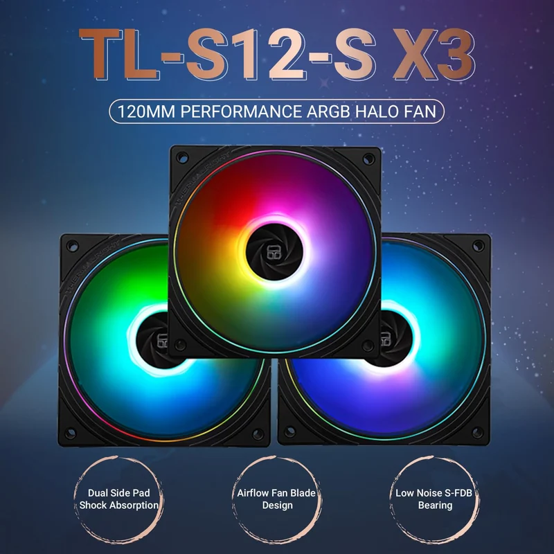 Thermalright TL-S12-S Silent 120mm PWM Hybrid ARGB Effect Case Fan (Black, White) (3-Pack)