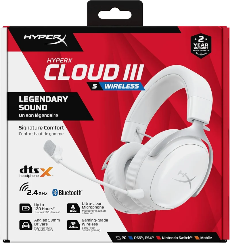 HyperX Cloud III S Wireless Gaming Headset for PC/PS5/PS4/N-Switch/Mobile (White) (AX6G1AA)