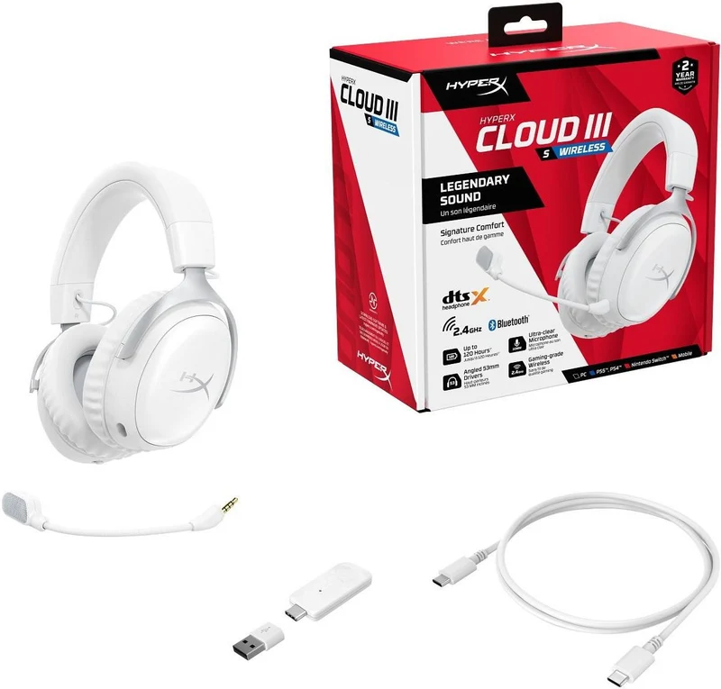 HyperX Cloud III S Wireless Gaming Headset for PC/PS5/PS4/N-Switch/Mobile (White) (AX6G1AA)