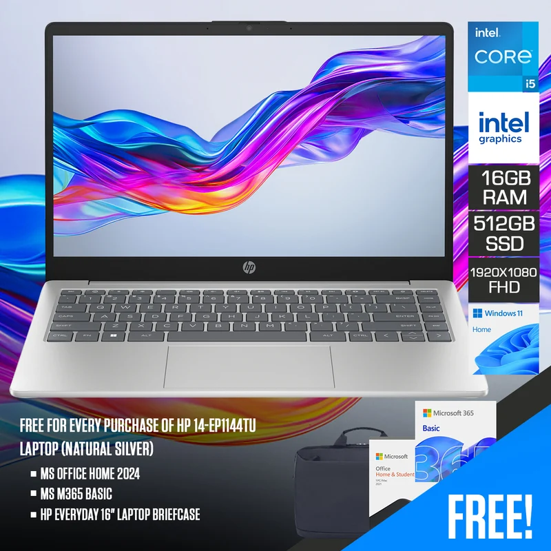 HP 14-EP1144TU Laptop (Natural Silver) | 14" FHD (1920x1080) | Core 5-120U | 16B RAM | 512GB SSD | Integrated Intel Graphics | Windows 11 Home | MS Office Home 2024 + MS M365 Basic + HP Everyday 16" Laptop Briefcase