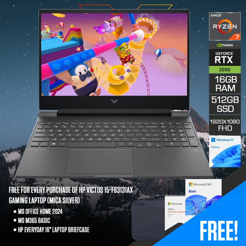 HP Victus 15-FB3131AX Gaming Laptop (Mica Silver) | 15.6" FHD (1920x1080) 144Hz IPS | Ryzen 7 7445HS | 16GB RAM | 512GB SSD | RTX 2050 | Windows 11 Home | MS Office Home 2024 + MS M365 Basic + HP Everyday 16" Laptop Briefcase