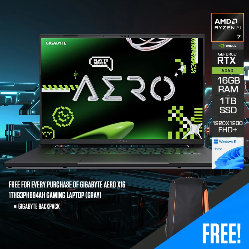 Gigabyte Aero X16 1TH93PH894AH Gaming Laptop (Gray) | 16" FHD+ (1920x1200) 165Hz IPS | Ryzen AI 7 350 | 16GB RAM | 1TB SSD | RTX 5050 | Windows 11 Home | Gigabyte Backpack