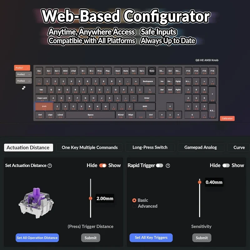 Keychron Q6 HE QMK Fully Assembled Knob RGB Full Size Wireless Custom Keyboard - Carbon Black (Gateron Double-Rail Magnetic Nebula Switch) (Q6H-M1)