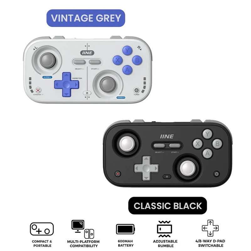IINE Palm-Sized Retro Chronos Controller (Vintage Grey, Classic Black) (L1031, L1032)