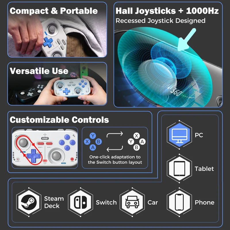 IINE Palm-Sized Retro Chronos Controller (Vintage Grey, Classic Black) (L1031, L1032)