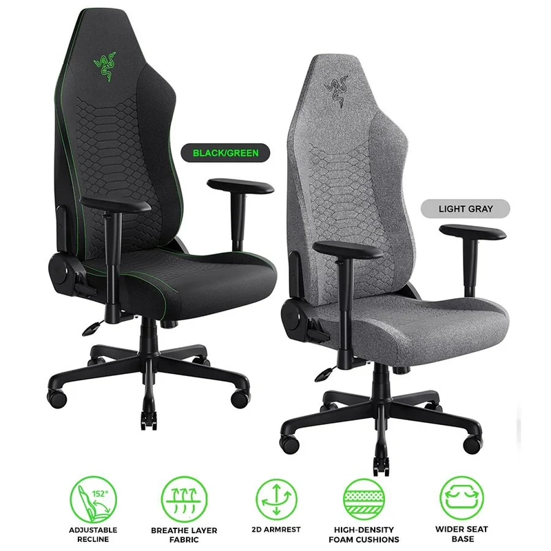 Razer Iskur V2 X Fabric Essential Gaming Chair with Built-in Lumbar Support (Black/Green, Light Gray)