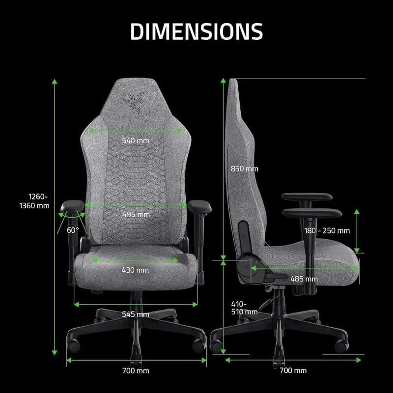 Razer Iskur V2 X Fabric Essential Gaming Chair with Built-in Lumbar Support (Black/Green, Light Gray)