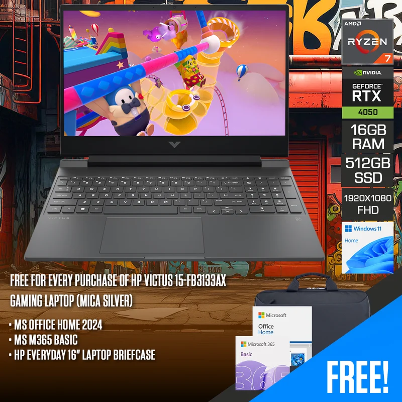 HP Victus 15-FB3133AX Gaming Laptop (Mica Silver) | 15.6" FHD (1920x1080) 144Hz IPS | Ryzen 7 7445HS | 16GB RAM | 512GB SSD | RTX 4050 | Windows 11 Home | MS Office Home 2024 + MS M365 Basic + HP Everyday 16" Laptop Briefcase