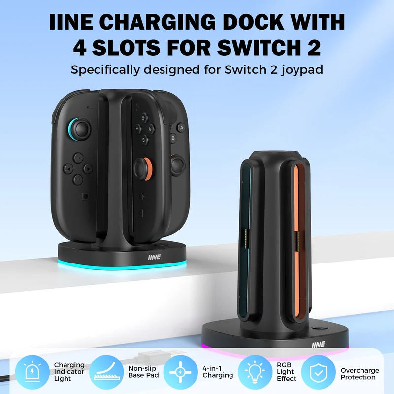 IINE Charging Dock with 4 Slots for Nintendo Switch 2 Controller (Black) (L1145)