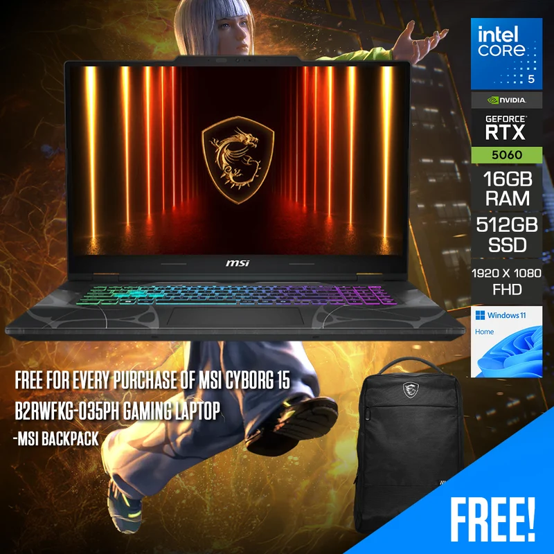 MSI Cyborg 15 B2RWFKG-035PH Gaming Laptop | 15.6" FHD (1920x1080) 144Hz IPS | Core 5-210H | 16GB RAM | 512GB SSD | RTX 5060 | Windows 11 Home | MSI Backpack