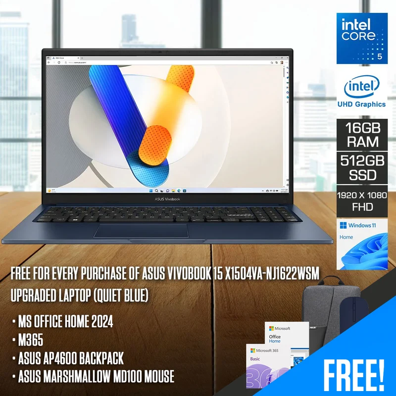 Asus Vivobook 15 X1504VA-NJ1622WSM UPGRADED Laptop (Quiet Blue) | 15.6 FHD (1920 X 1080) | I5-1334U | 16GB (8GB + 8GB RAM) | 512GB SSD | Intel UHD Graphics | W11 | MS Office Home & Student 2024 + M365 | Asus AP4600 Backpack + Asus Marshmallow MD100 Mouse