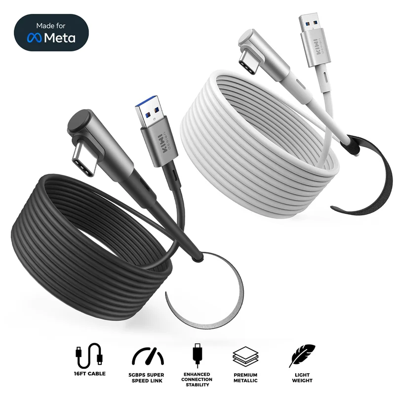Kiwi Design Link Cable 16Ft (5M) for Meta Quest 2/3/Pro/3S/Pico 4 (Black, White) (QC-8)