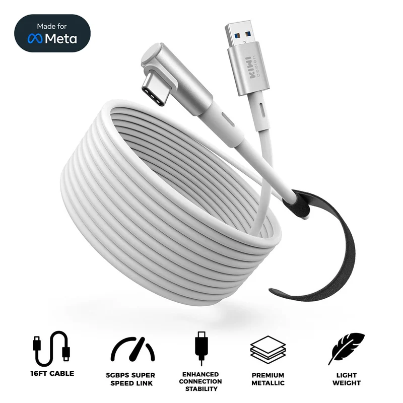 Kiwi Design Link Cable 16Ft (5M) for Meta Quest 2/3/Pro/3S/Pico 4 (Black, White) (QC-8)