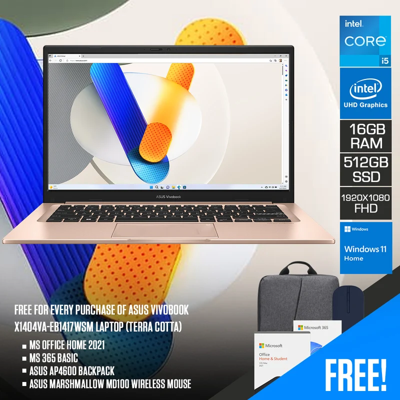 Asus Vivobook X1404VA-EB1417WSM Laptop (Terra Cotta) | 14" FHD (1920x1080) | Core 5-120U | 16GB RAM | 512GB SSD | Intel UHD Graphics | Win11 Home | MS Office Home 2021 + MS 365 Basic + Asus AP4600 Backpack+Asus Marshmallow MD100 Wireless Mouse(Quiet Blue)