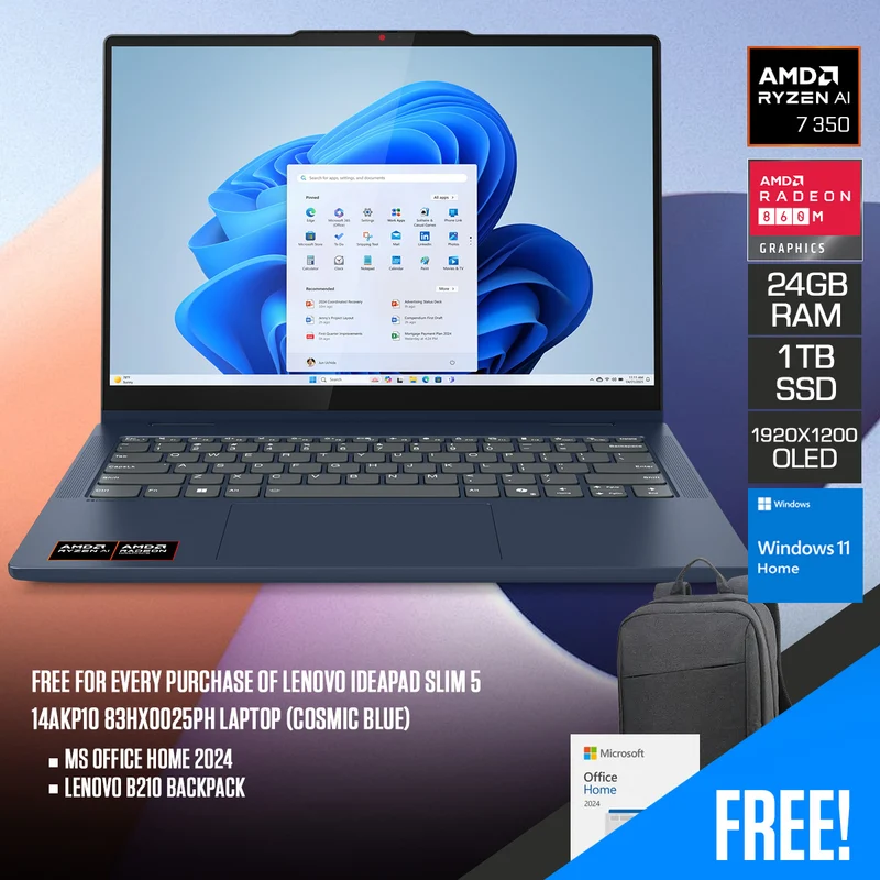 Lenovo IdeaPad Slim 5 14AKP10 83HX0025PH Laptop (Cosmic Blue) | 14" WUXGA (1920x1200) OLED | Ryzen AI 7 350 | 24GB RAM | 1TB SSD | AMD Radeon 860M Graphics | Windows 11 Home | MS Office Home 2024 + Lenovo B210 Backpack