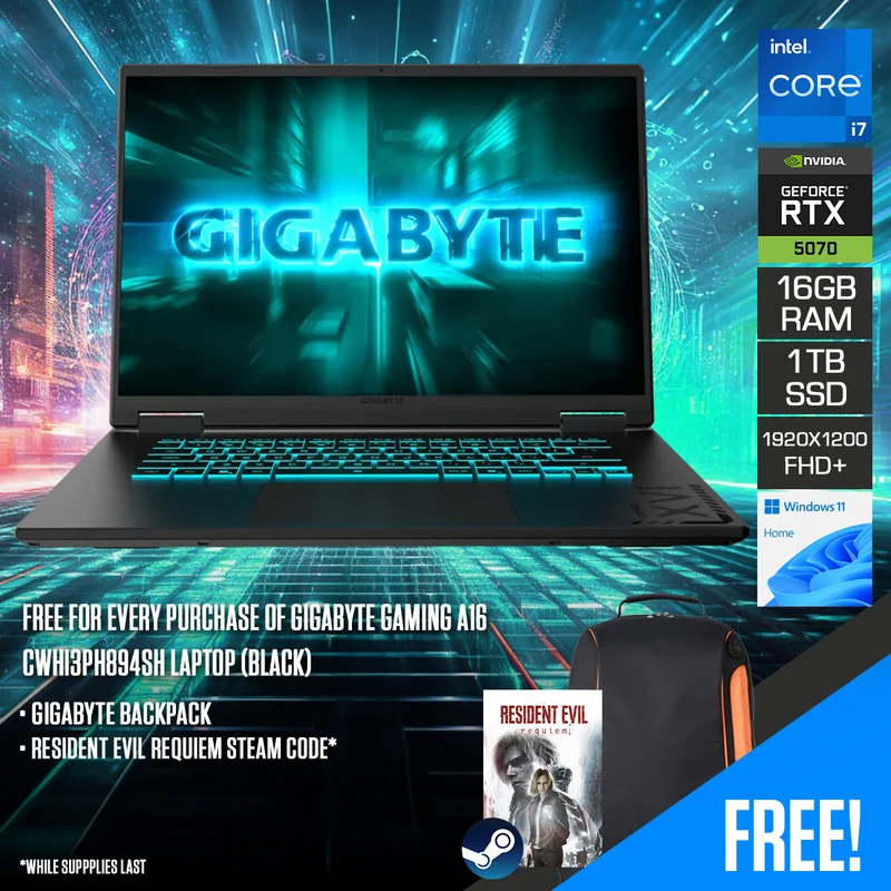 Gigabyte Gaming A16 CWHI3PH894SH Laptop (Black) | 16" FHD+ (1920x1200) 165Hz IPS | Core i7-13620H | 16GB RAM | 1TB SSD | RTX 5070 | Windows 11 Home | Gigabyte Backpack