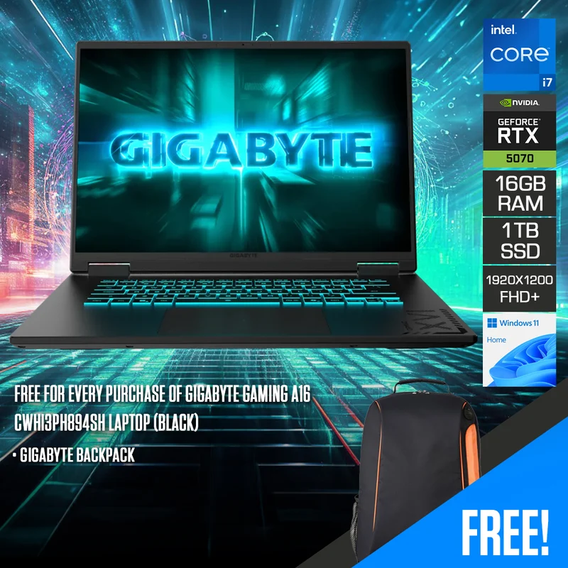 Gigabyte Gaming A16 CWHI3PH894SH Laptop (Black) | 16" FHD+ (1920x1200) 165Hz IPS | Core i7-13620H | 16GB RAM | 1TB SSD | RTX 5070 | Windows 11 Home | Gigabyte Backpack