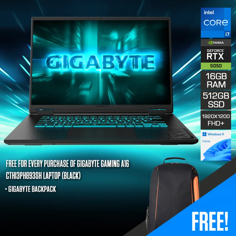 Gigabyte Gaming A16 CTHI3PH893SH Laptop (Black) | 16" FHD+ (1920x1200) 165Hz IPS | Core i7-13620H | 16GB RAM | 512GB SSD | RTX 5050 | Windows 11 Home | Gigabyte Backpack