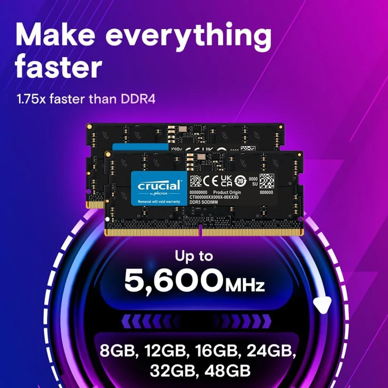 Crucial DDR5 4800MHz CL40 Sodimm Notebook Memory (16GB, 32GB) (CT16G48C40S5, CT32G48C40S5)