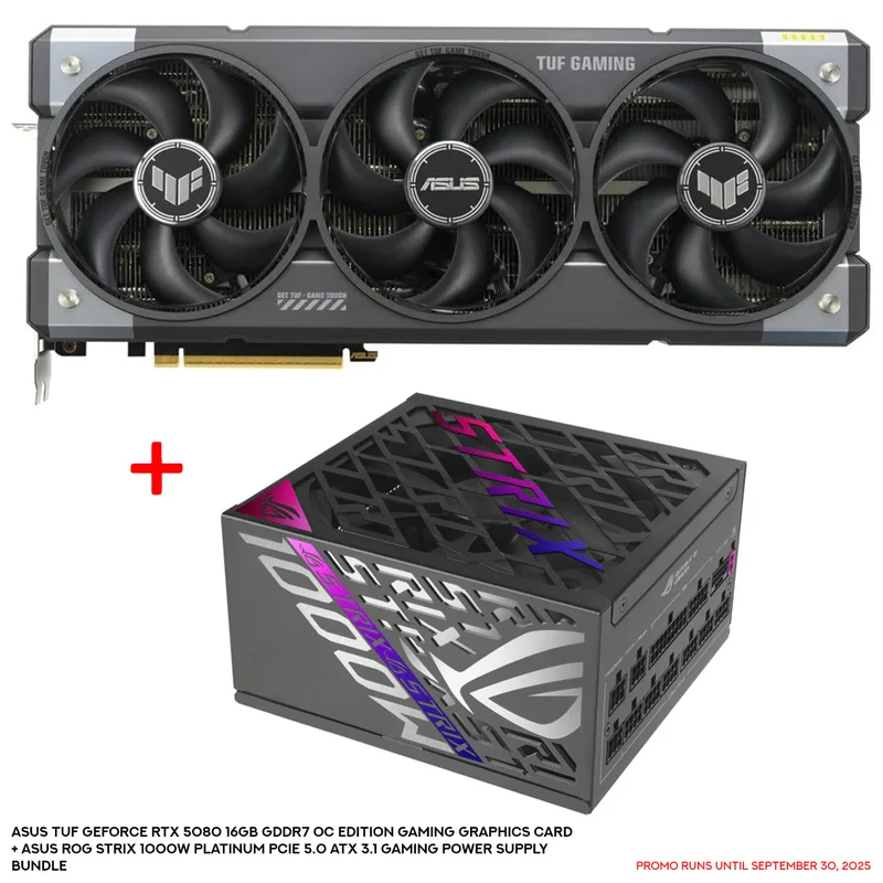 Asus TUF Geforce RTX 5080 16GB GDDR7 OC Edition Gaming Graphics Card + Asus ROG Strix 1000W Platinum PCIe 5.0 ATX 3.1 Gaming Power Supply Bundle