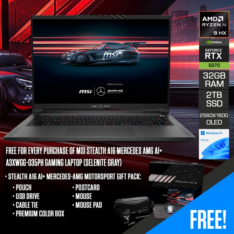 MSI Stealth A16 Mercedes-AMG AI+ A3XWGG-035PH Gaming Laptop (Selenite Gray) | 16" QHD+ (2560x1600) OLED 240Hz | Ryzen AI 9 HX 370 | 32GB RAM | 2TB SSD | RTX 5070 | Win 11 Home | Stealth A16 AI+ Mercedes-AMG Motorsport Gift pack