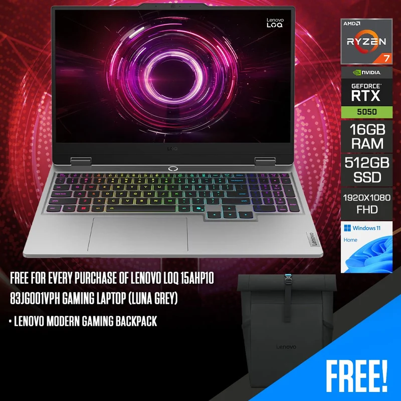 Lenovo LOQ 15AHP10 83JG001VPH Gaming Laptop (Luna Grey) | 15.6" FHD (1920x1080) IPS 144Hz | Ryzen 7 250 | 16GB RAM | 512GB SSD | RTX 5050 | Windows 11 Home + Lenovo Modern Gaming Backpack