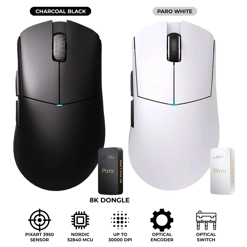 Lamzu Paro Aurora SuperLight Wireless Mouse + Paro Aurora 8K Dongle (Charcoal Black, Paro White)