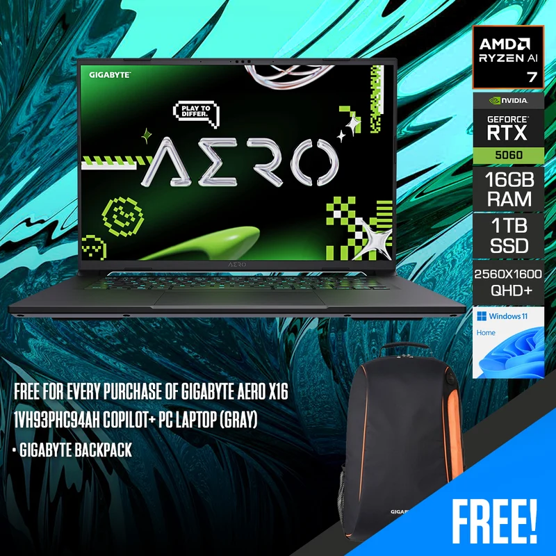 Gigabyte Aero X16 1VH93PHC94AH Copilot+ PC Laptop (Gray) | 16" QHD+ (2560x1600) 165Hz IPS | Ryzen AI 7 350 | 16GB RAM | 1TB SSD | RTX 5060 | Windows 11 Home | Gigabyte Backpack