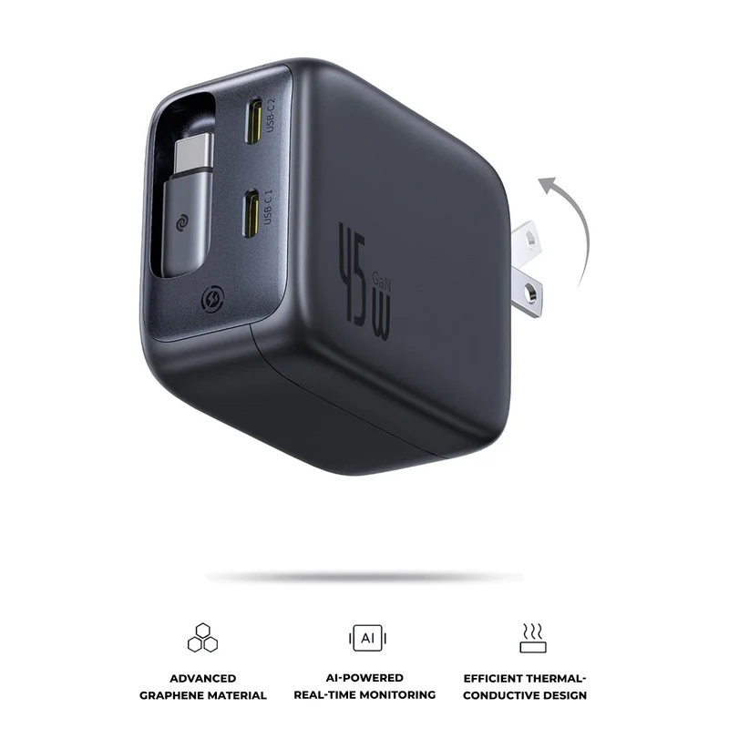 Baseus EnerCore CJ11 Fast Charger with Retractable Cable 45W (Cosmic Black) (E0120C00)