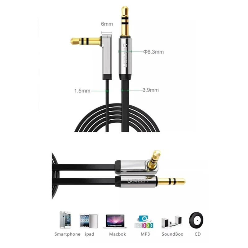 Ugreen 3.5mm Male to Male Angled Flat Cable (Black) (1M, 1.5M)