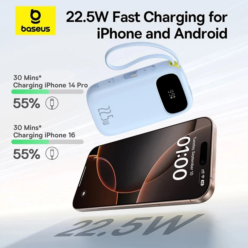 Baseus QPow 3 Digital Display Fast-Charging Power Bank with Built-in USB-C + iP Cable 20000mAh 22.5W (Comic Black, Galaxy Blue, Nebula Purple, Moon White)