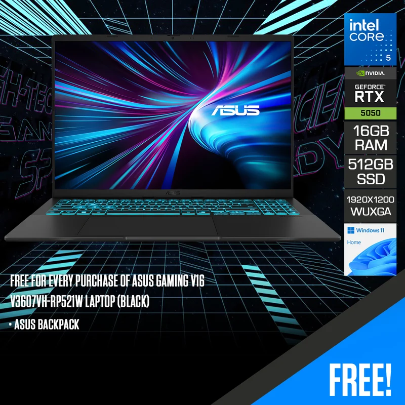 Asus Gaming V16 V3607VH-RP521W Laptop (Black) | 16" WUXGA (1920x1200) 144Hz | Core 5 210H | 16GB RAM | 512GB SSD | GeForce RTX 5050 | Windows 11 Home | Asus Backpack
