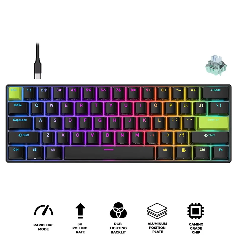 Royal Kludge RK-C61 Single-Mode RGB 61 Keys Hot Swappable Magnetic Mechanical Keyboard Black/Green (Mint Switch)