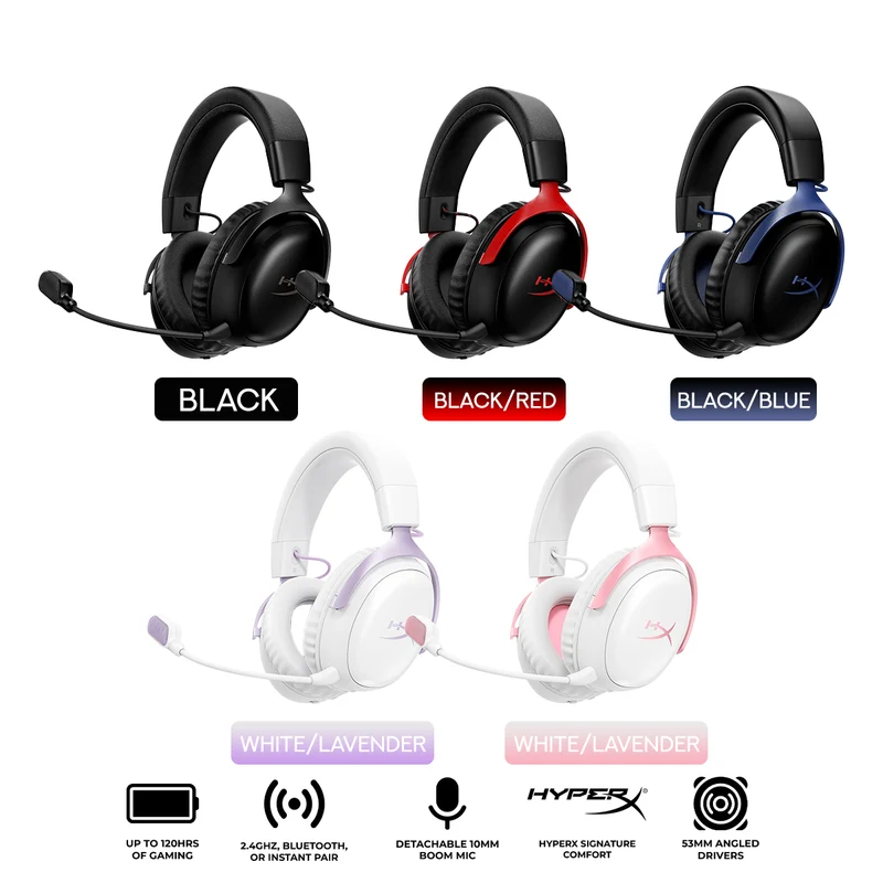 HyperX Cloud III S Wireless Gaming Headset for PC/PS5/PS4/N-Switch/Mobile (Black, Black/Red, White/Lavender, Black/Blue, White/Pink)