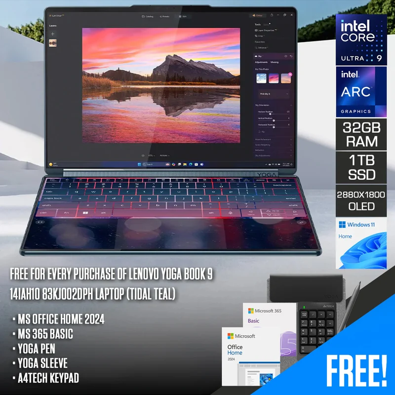 Lenovo Yoga Book 9 14IAH10 83KJ002DPH Laptop (Tidal Teal) | 2x 14" 2.8K WQXGA+ (2880x1800) OLED 120Hz Touch| Core Ultra 9 285H| 32GB RAM| 1TB SSD| Intel Arc| Win 11 Home|Office Home 2024+ 365 Basic+ Yoga Pen + Yoga Sleeve + A4Tech Keypad