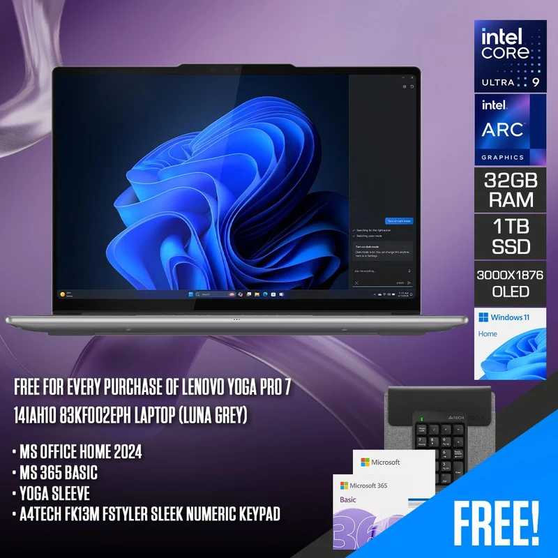 Lenovo Yoga Pro 7 14IAH10 83KF002EPH Laptop (Luna Grey) | 14.5" 3K (3000x1876) OLED 120Hz Touch | Core Ultra 9 285H | 32GB RAM | 1TB SSD | Intel Arc 140T | Win 11 Home | MS Office Home 2024 + MS 365 Basic + Yoga Sleeve + A4Tech FK13M Numeric Keypad