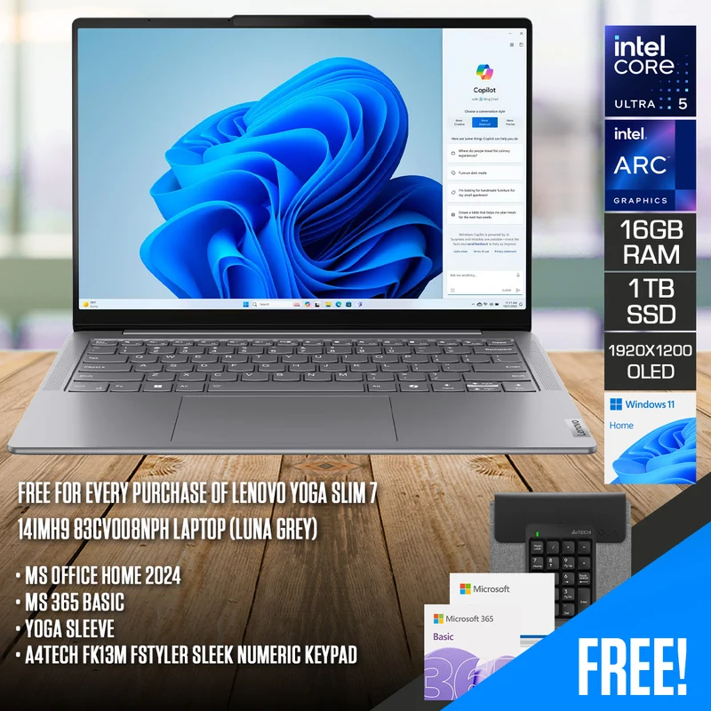 Lenovo Yoga Slim 7 14IMH9 83CV008NPH Laptop (Luna Grey) | 14" WUXGA (1920x1200) OLED | Core Ultra 5 125H | 16GB RAM | 1TB SSD | Intel Arc Graphics | Win 11 Home | MS Office Home 2024 + MS 365 Basic + Yoga Sleeve + A4Tech FK13M Fstyler Sleek Numeric Keypad