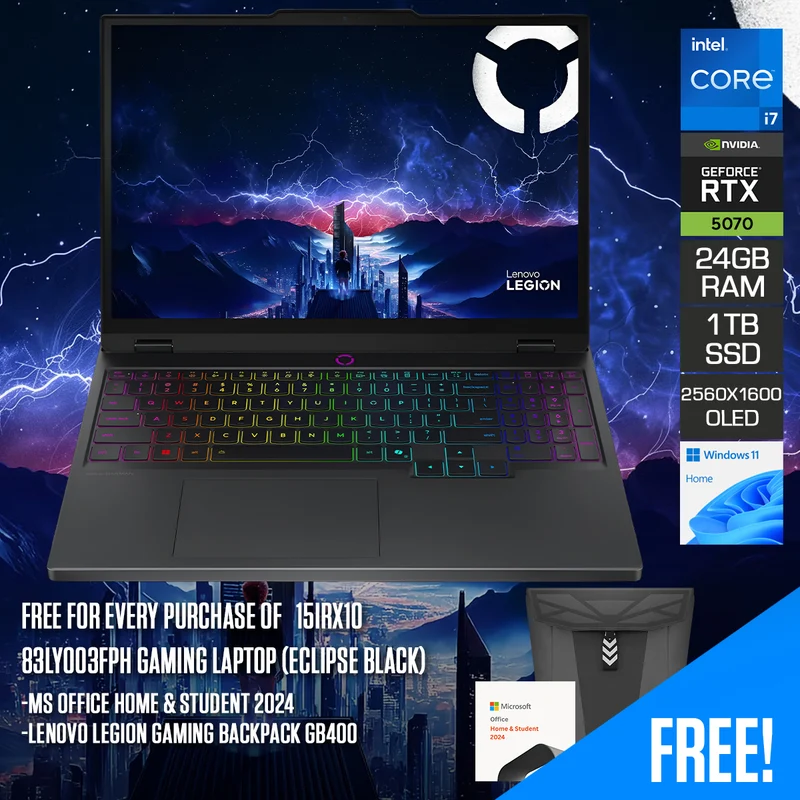 Lenovo Legion 5 15IRX10 83LY003FPH Gaming Laptop (Eclipse Black) | 15" WQXGA (2560x1600) OLED 165Hz | Intel Core i7-14700HX | 24GB RAM | 1TB SSD | RTX 5070 | Windows 11 Home | MS Office Home & Student 2024 + Lenovo Legion Gaming Backpack GB400