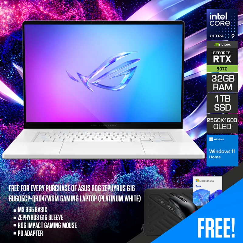Asus ROG Zephyrus G16 GU605CP-QR047WSM Gaming Laptop (Platinum White) | 16" 2.5K WQXGA (2560x1600) OLED 240Hz | Core Ultra 9-285H | 32GB RAM | 1TB SSD | RTX 5070 | Win 11 Home | Office Home 2024 +MS 365 Basic + G16 Sleeve +Impact Gaming Mouse + PD Adapter
