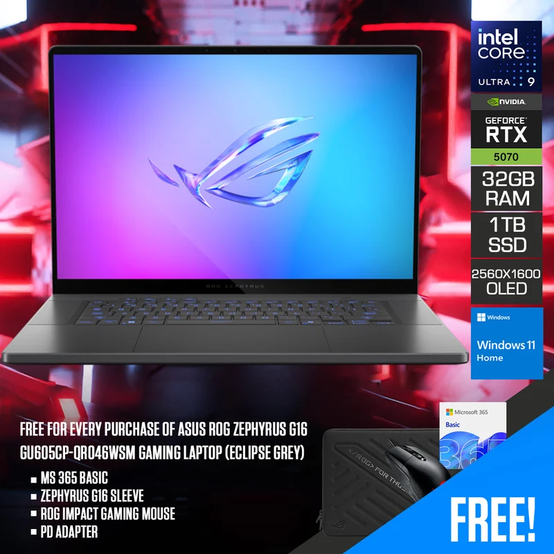 Asus ROG Zephyrus G16 GU605CP-QR046WSM Gaming Laptop (Eclipse Grey) | 16" 2.5K WQXGA (2560x1600) OLED 240Hz | Core Ultra 9-285H | 32GB RAM | 1TB SSD | RTX 5070 | Win 11 Home | Office Home 2024 + MS 365 Basic + G16 Sleeve + ROG Gaming Mouse + PD Adapter