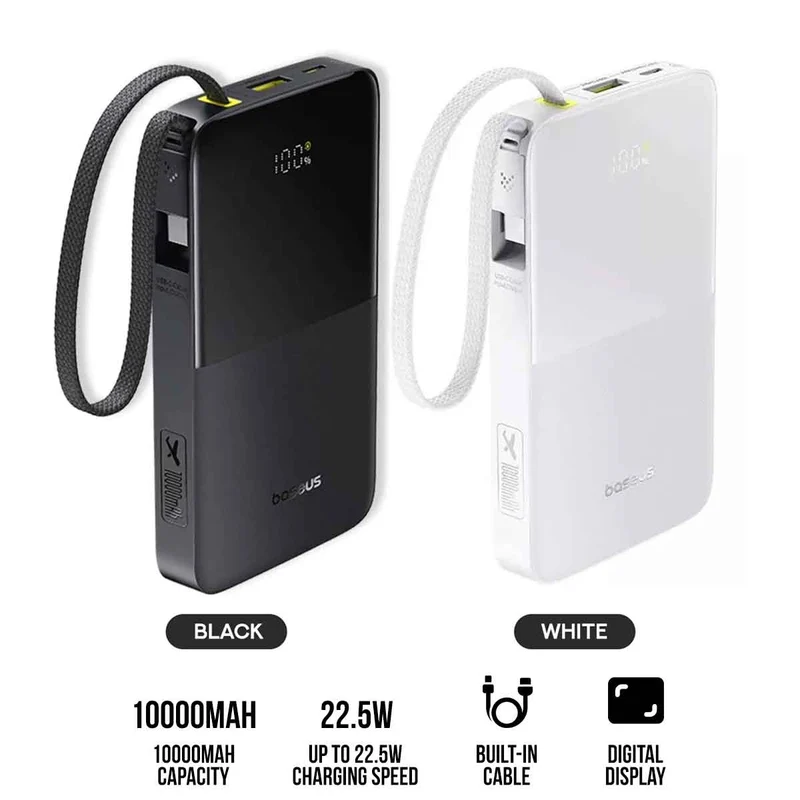 Baseus EnerFill FC51 Bipow 2 Pro Digital Display Power Bank with Built-in Cable 10000mAh 22.5W (Cosmic Black, Moon White)