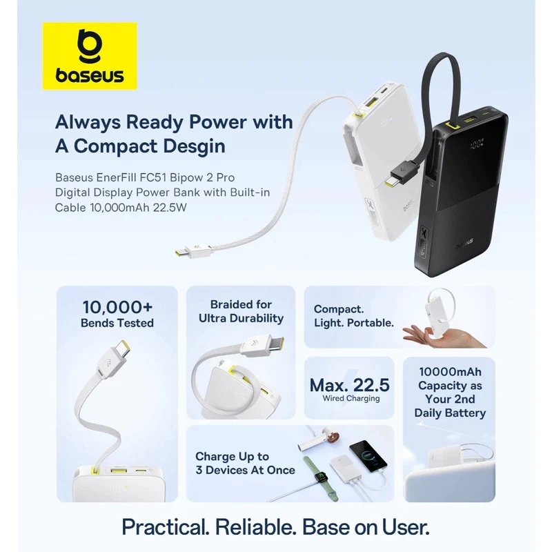 Baseus EnerFill FC51 Bipow 2 Pro Digital Display Power Bank with Built-in Cable 10000mAh 22.5W (Cosmic Black, Moon White)