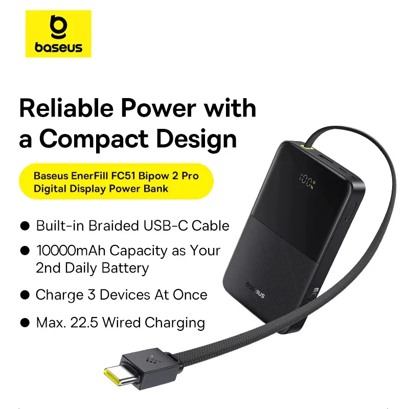 Baseus EnerFill FC51 Bipow 2 Pro Digital Display Power Bank with Built-in Cable 10000mAh 22.5W (Cosmic Black, Moon White)