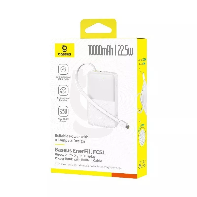 Baseus EnerFill FC51 Bipow 2 Pro Digital Display Power Bank with Built-in Cable 10000mAh 22.5W (Cosmic Black, Moon White)