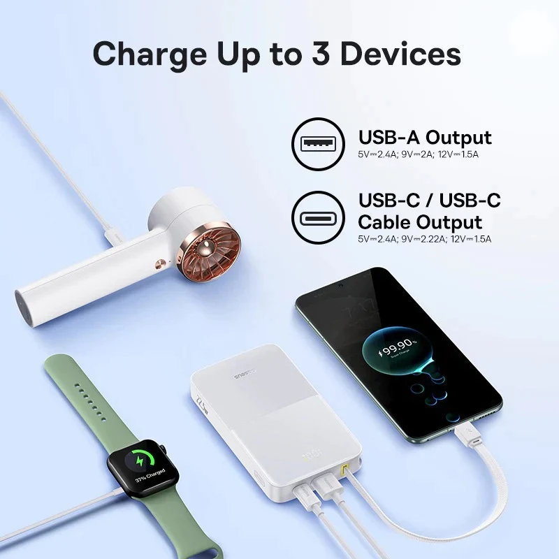 Baseus EnerFill FC51 Bipow 2 Pro Digital Display Power Bank with Built-in Cable 10000mAh 22.5W (Cosmic Black, Moon White)