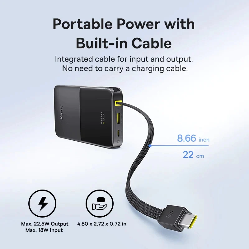 Baseus EnerFill FC51 Bipow 2 Pro Digital Display Power Bank with Built-in Cable 10000mAh 22.5W (Cosmic Black, Moon White)
