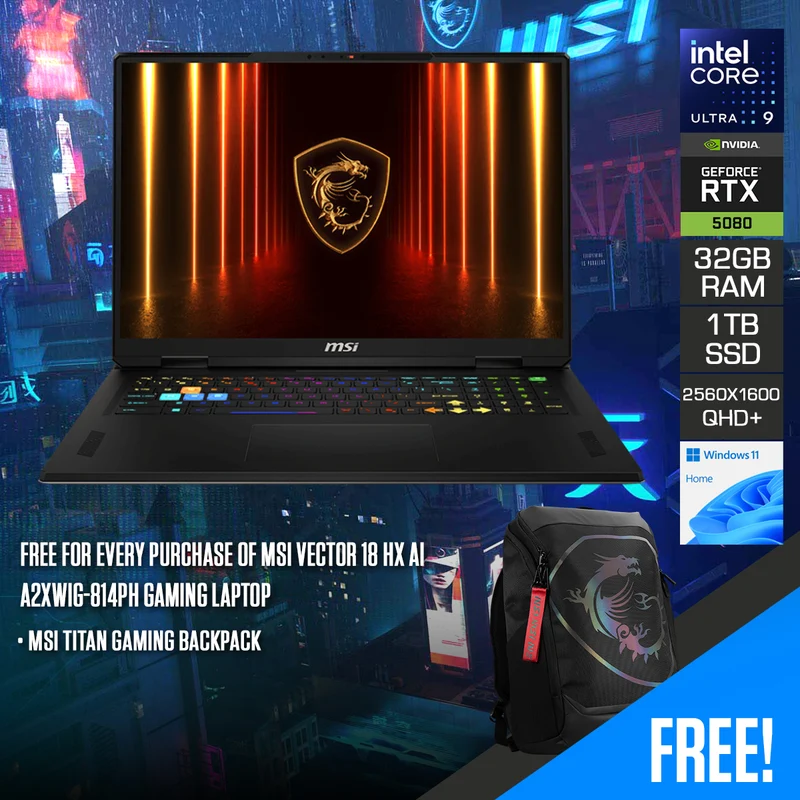 MSI Vector 18 HX AI A2XWIG-814PH Gaming Laptop | 18" QHD+ (2560x1600) 240Hz IPS | Core Ultra 9 275HX | 32GB RAM | 1TB SSD | RTX 5080 | Windows 11 Home | MSI Titan Gaming Backpack