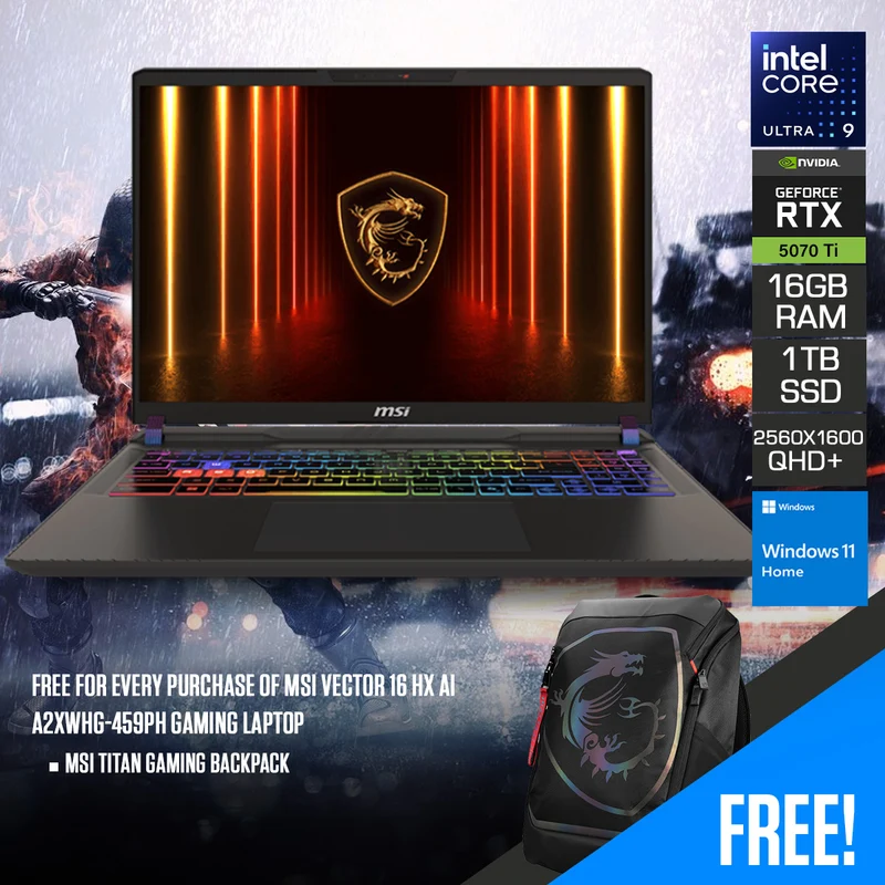 MSI Vector 16 HX AI A2XWHG-459PH Gaming Laptop | 16" QHD+ (2560x1600) 240Hz IPS | Core Ultra 9 275HX | 16GB RAM | 1TB SSD | RTX 5070 Ti | Windows 11 Home | MSI Titan Gaming Backpack