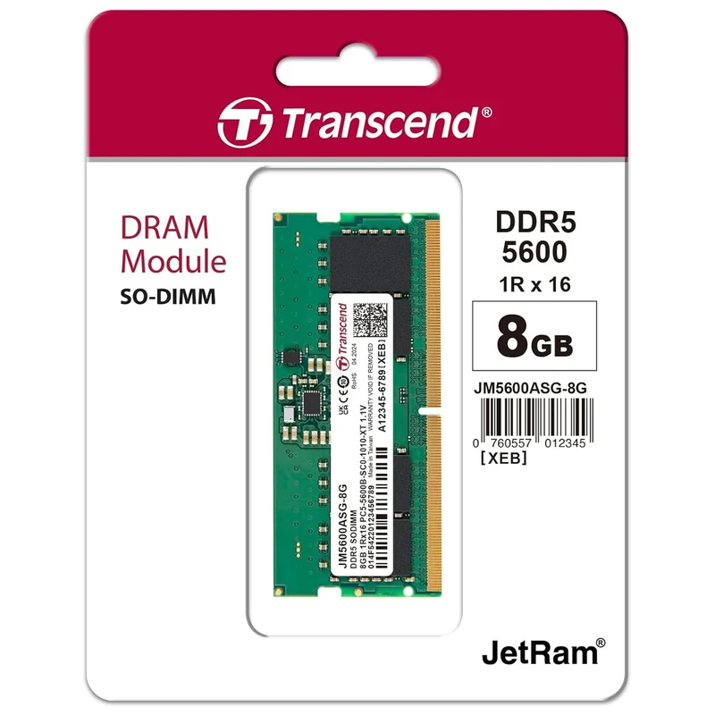 Transcend JetRam 8GB DDR5 5600MHz SODIMM 1Rx16 CL46 1.1V (JM5600ASG-8G)